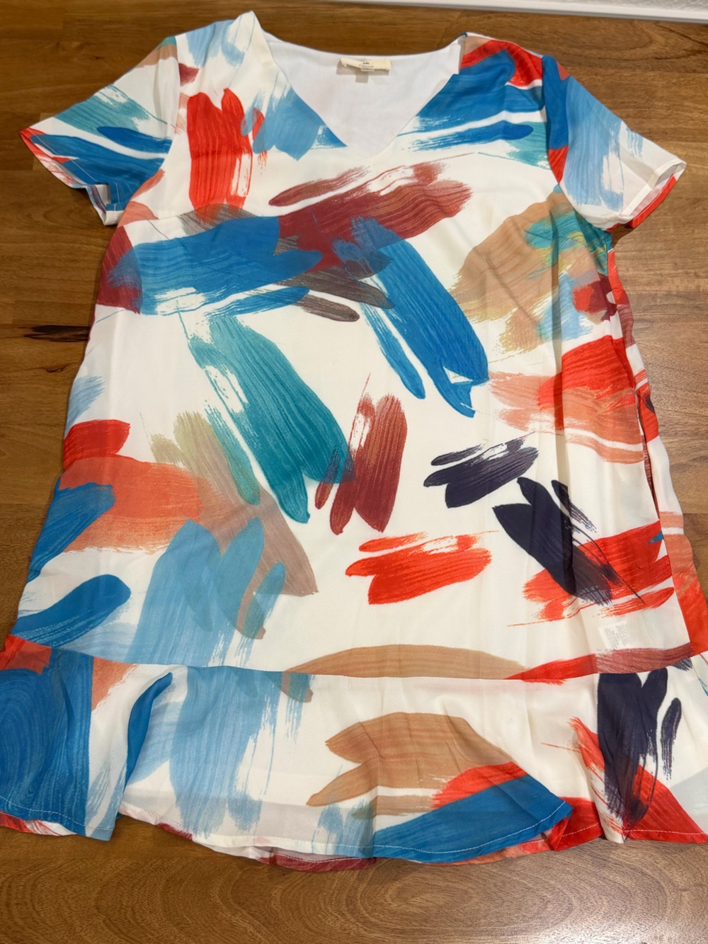 entro Multicolor Brushstroke V-Neck Dress w/ Ruffle Hem Size Large *EUC*